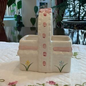 Floral Ceramic Basket with Pink Accents